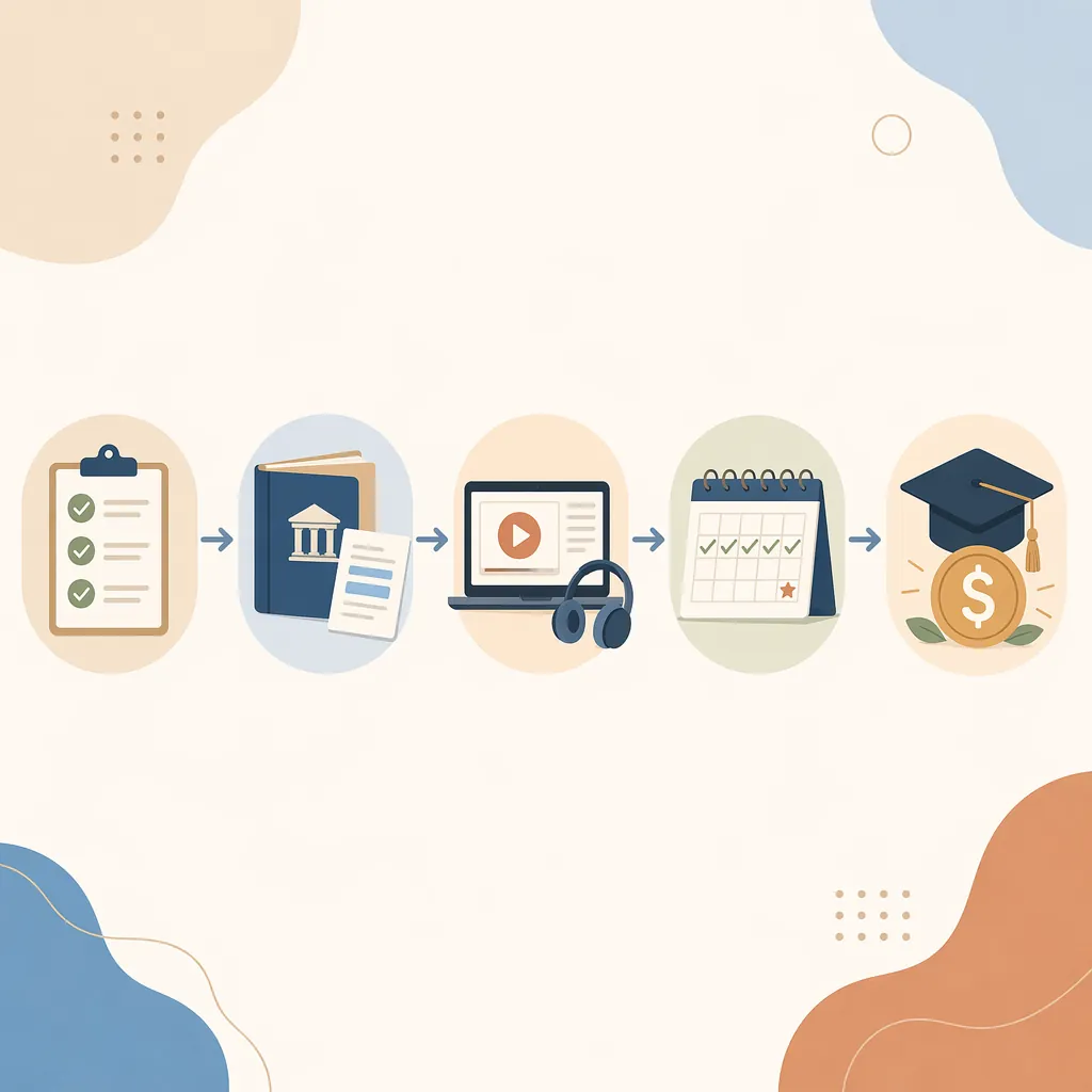 Flat illustration of a five-step test prep spending pathway from fee reductions to official materials, a value-priced course, a 12-week calendar, and savings