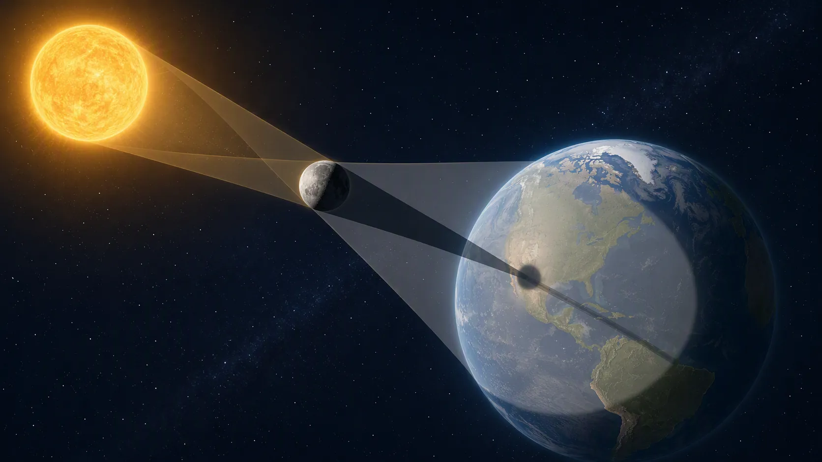 Diagram showing the Moon's narrow umbra touching Earth and the wider penumbra spreading over a larger region