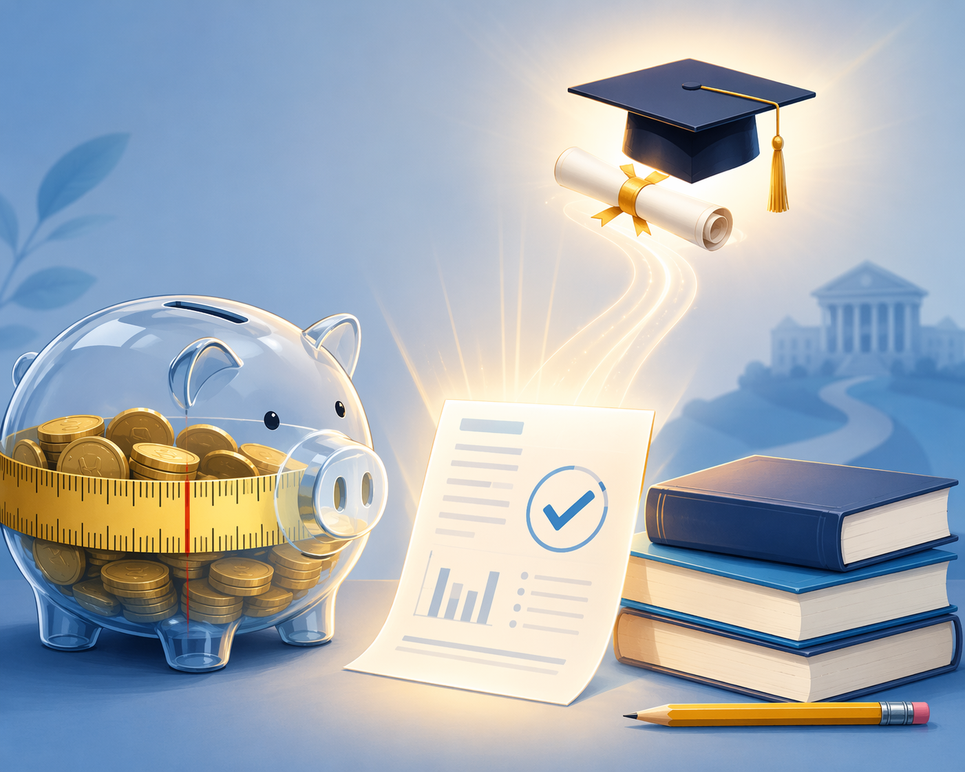 College savings jar wrapped with a measuring tape beside SAT prep books and a glowing score report