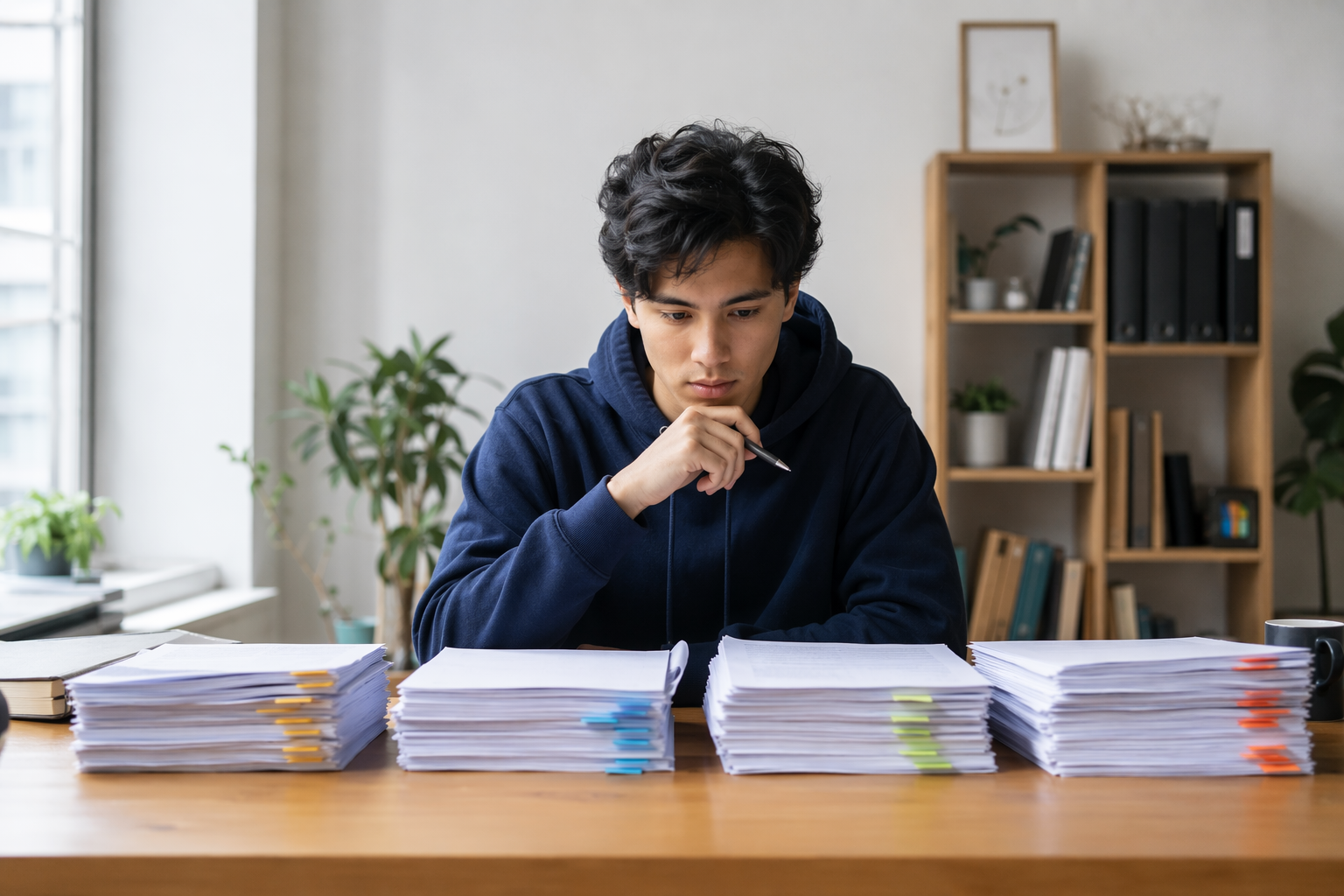 College student reviewing four stacks of research papers in a bright study space