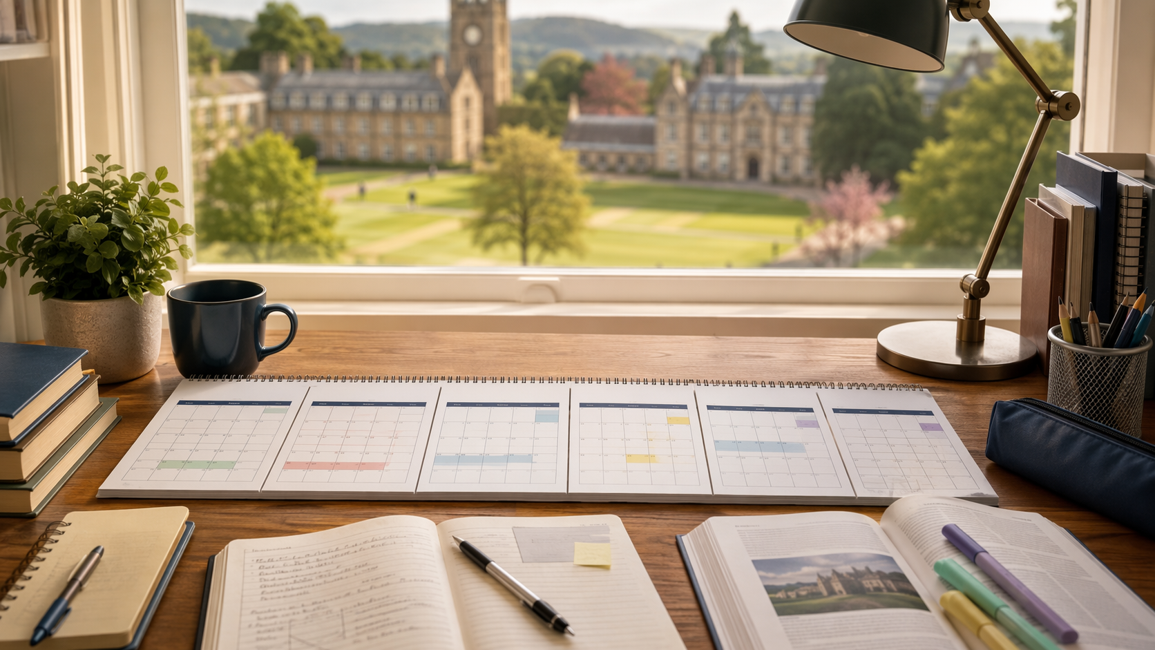 Student desk with a multi-month calendar, study materials, and a blurred boarding school campus through the window