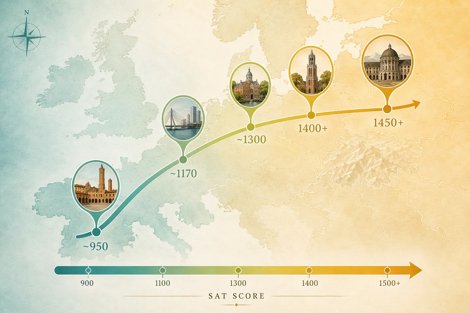 Map of Europe showing SAT score thresholds at Bologna, Erasmus Rotterdam, Leiden, UCU, and ETH Zurich