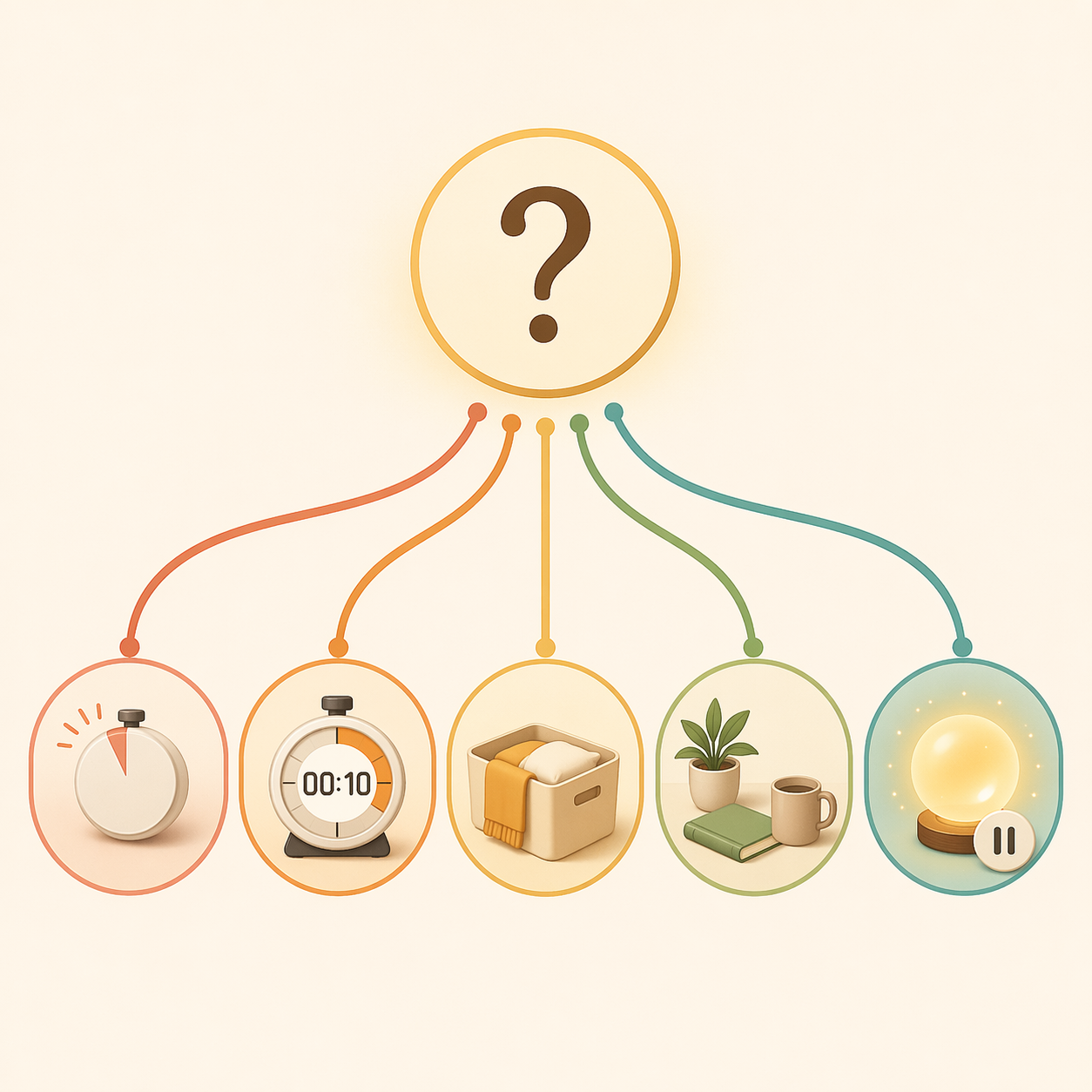 A decision-flow diagram for adapting a study timer to task initiation, drifting attention, stopping difficulty, break management, and hyperfocus