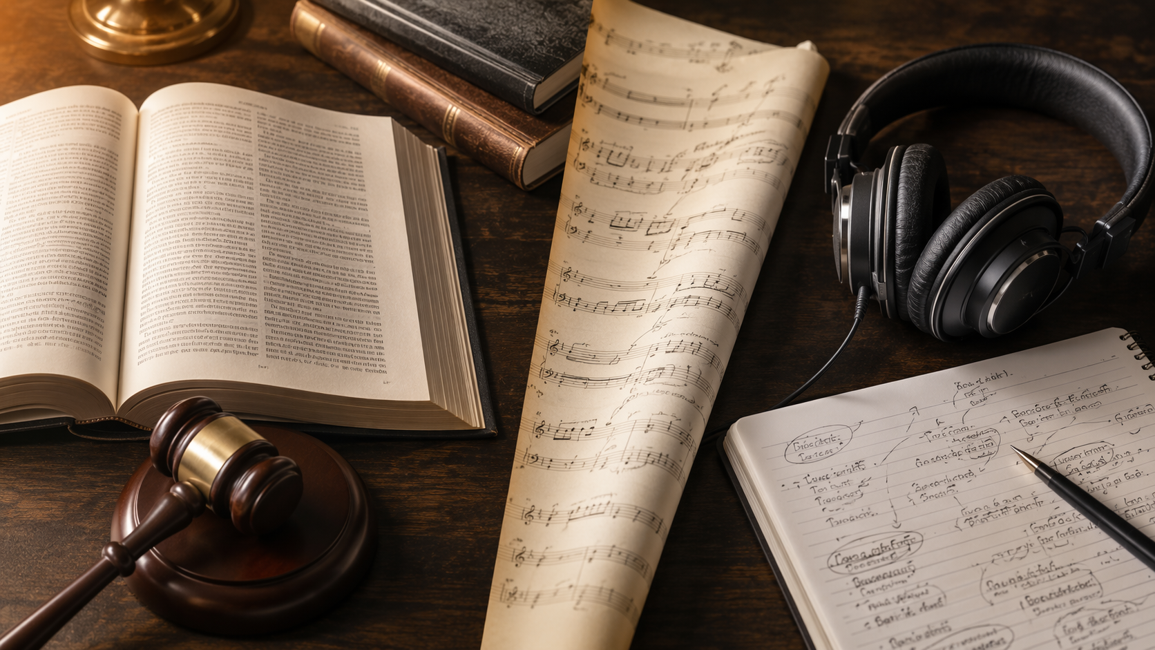 Open law book, gavel, headphones, music score, and analytical study notes on a desk