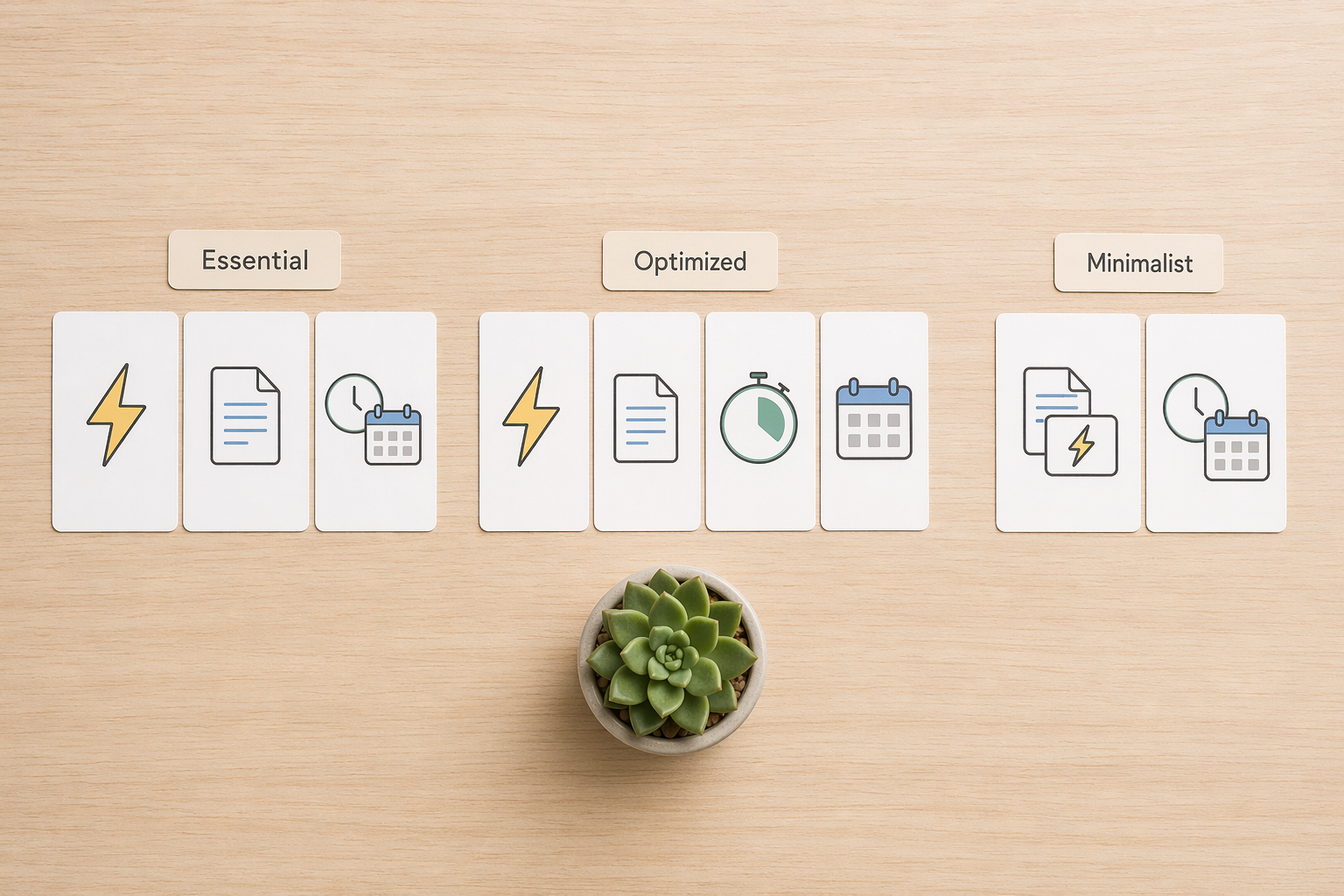 Flat-lay showing three groups of white icon cards labeled Essential, Optimized, and Minimalist, each with different combinations of app-category icons.