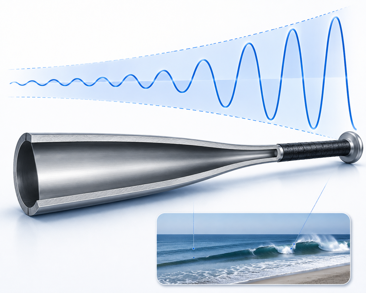 Diagram of a metal bat showing a bending wave growing from the barrel toward the handle.