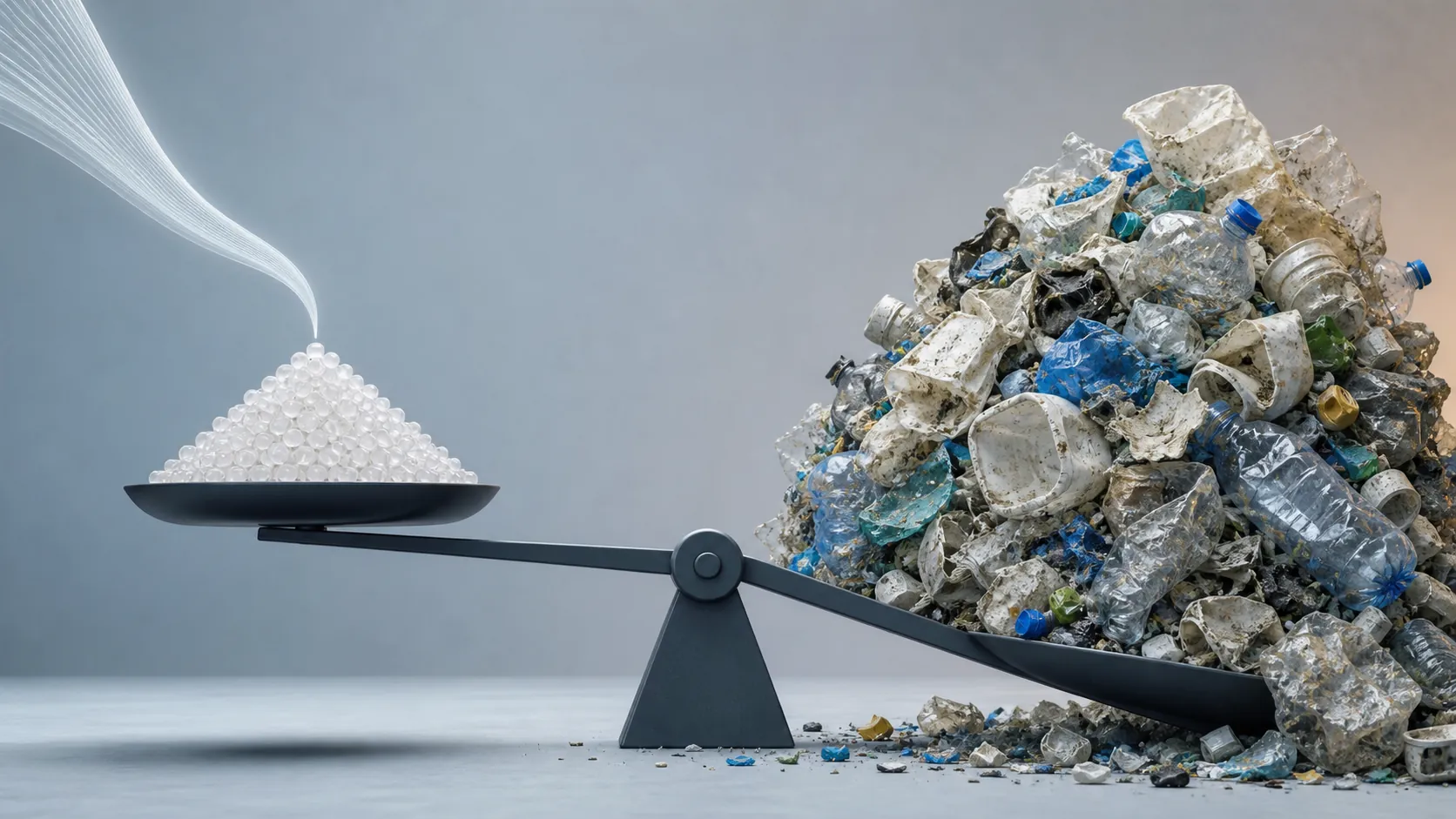 Illustration of clean virgin plastic pellets beside dirty mixed plastic waste on an unbalanced scale