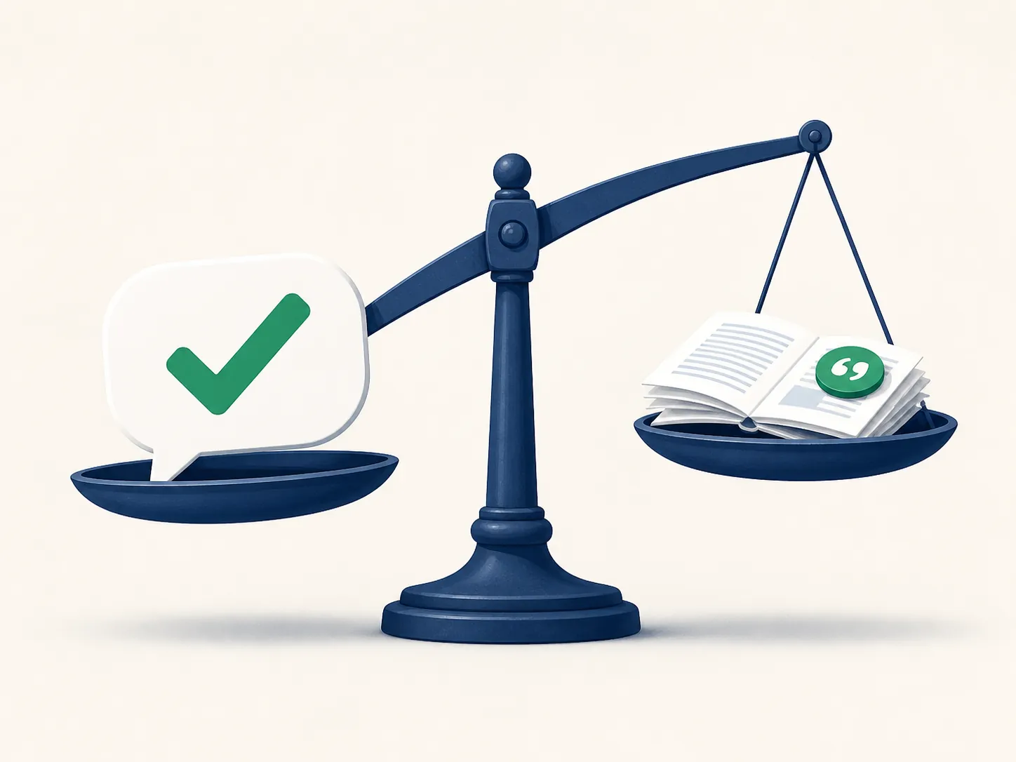 Illustration showing a correct-sounding AI answer outweighing weaker citation support