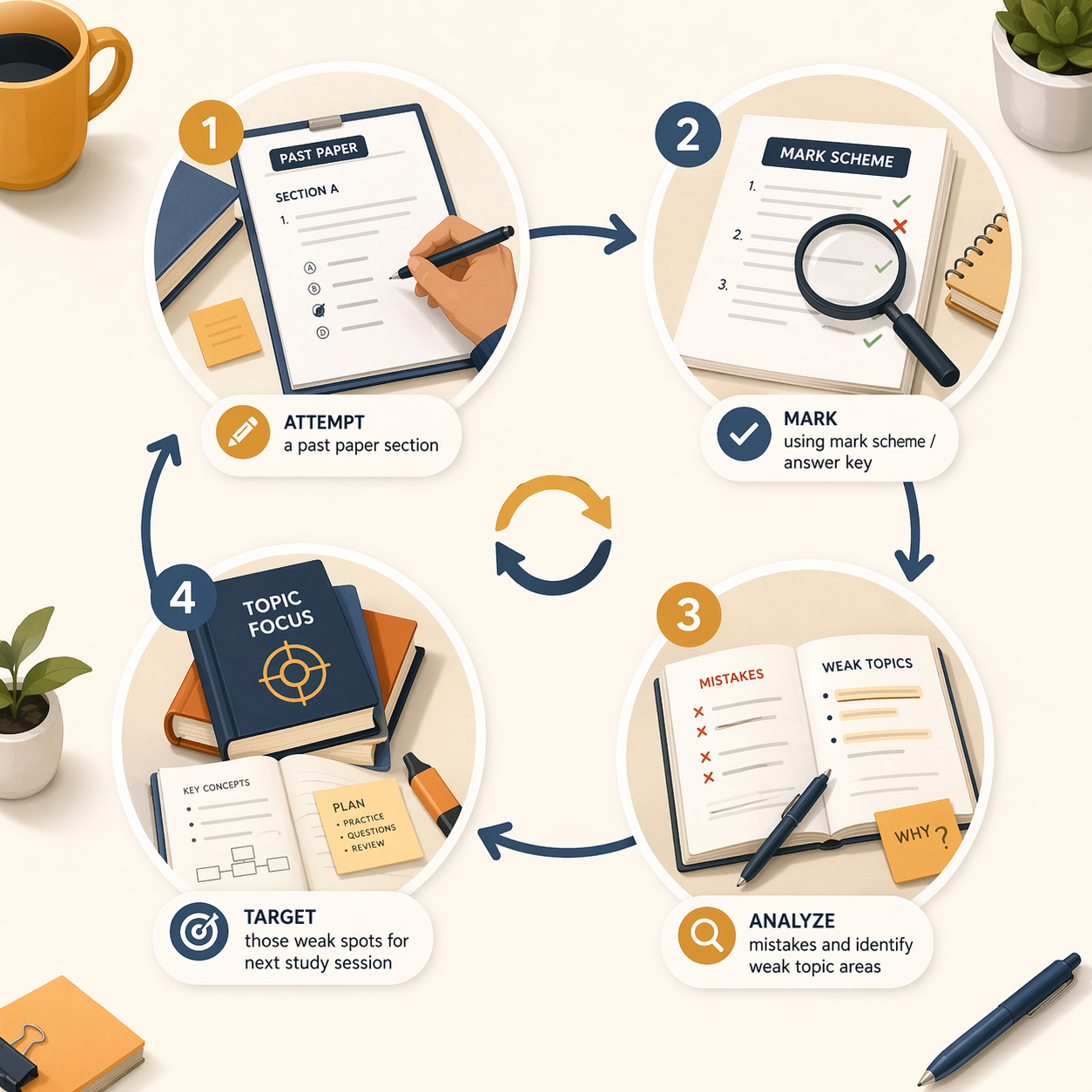 Four-step feedback loop for reviewing a past paper section: attempt, mark, analyze mistakes, and target weak spots