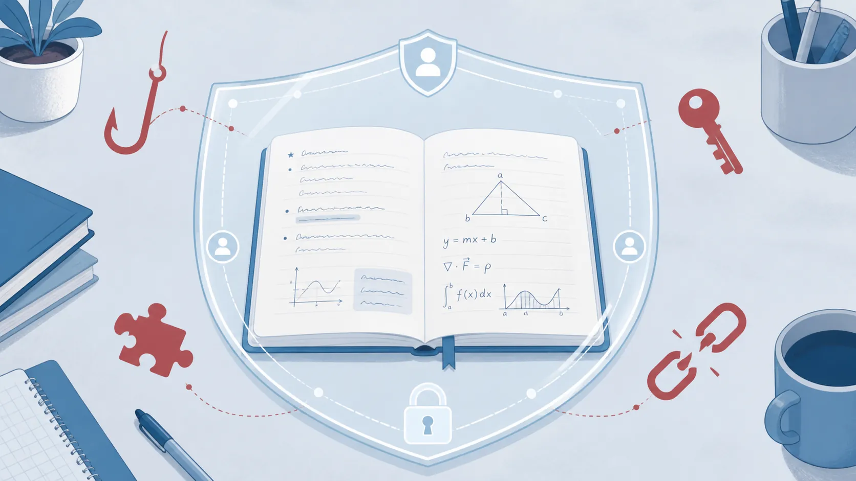 Study notes page enclosed in a protective shield with threat symbols outside it
