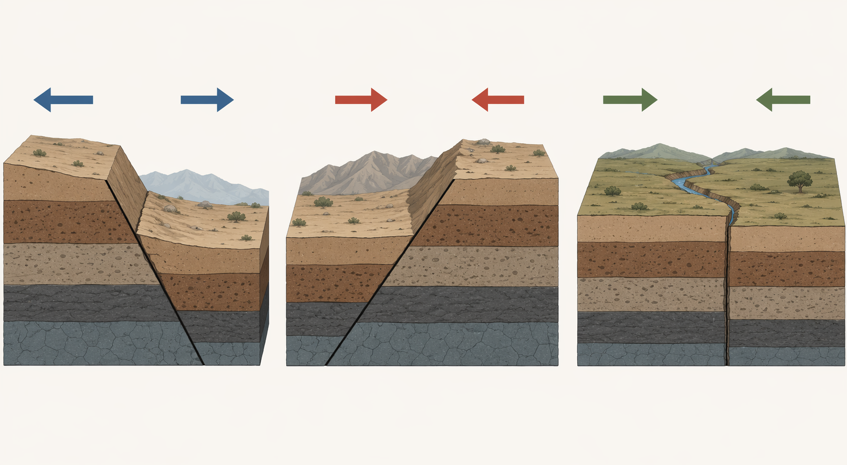 Three fault cross sections showing normal, reverse, and strike-slip motion with stress arrows