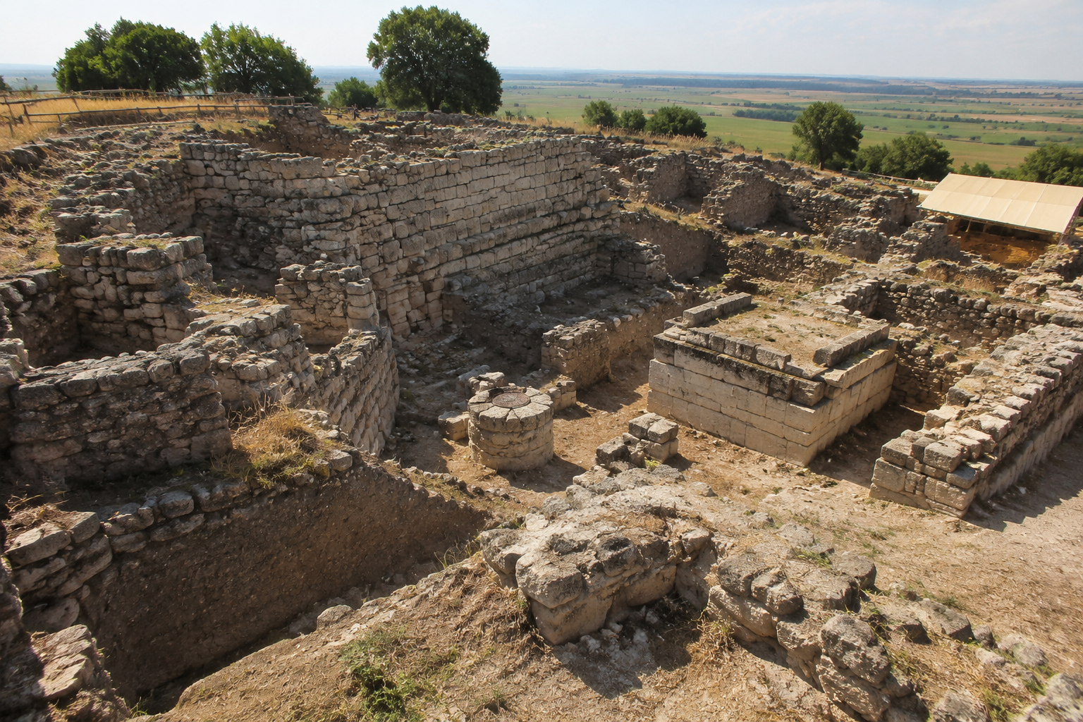 Excavated stone walls and layered settlement strata at ancient Troy in Hisarlik, Turkey