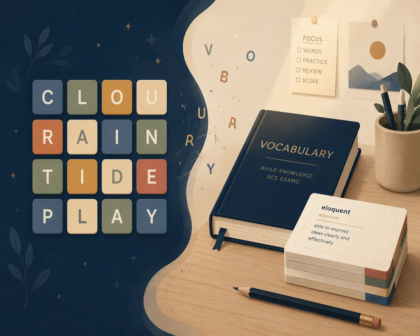 A floating 4x4 grid of colorful letter tiles beside a study desk with a vocabulary book, flashcards, and a pencil