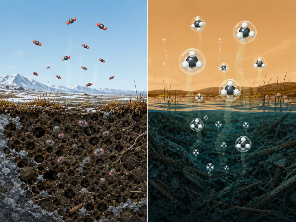 Split illustration comparing aerated thawed soil releasing carbon dioxide with waterlogged anaerobic soil releasing methane bubbles