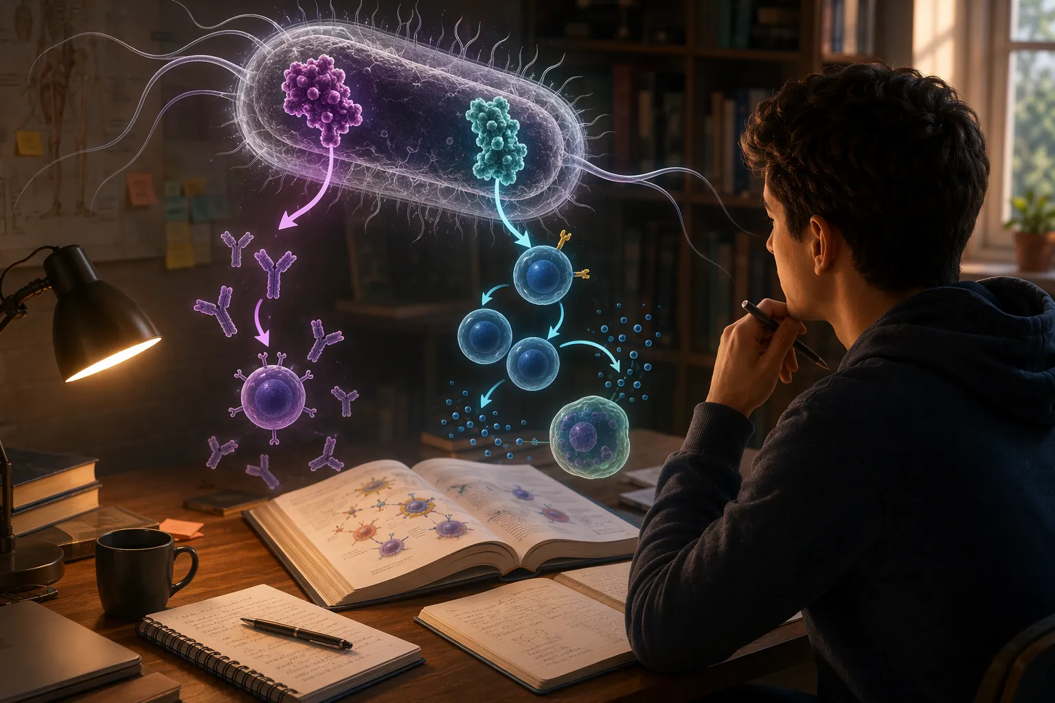 Pre-med student studying MCAT immune system diagrams with Yersinia pestis antigen targets, antibodies, T cells, and cytokines