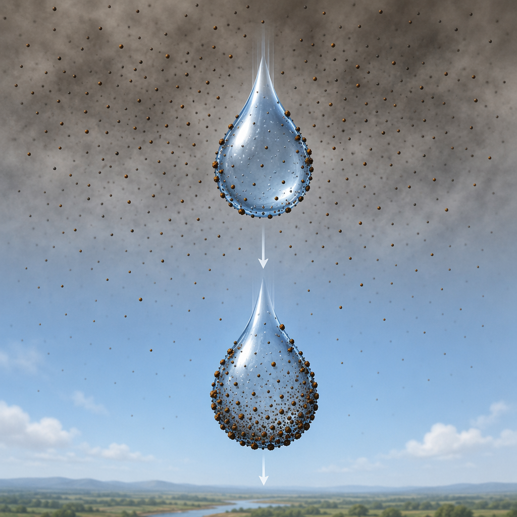 A raindrop collecting smoke particles as it falls through hazy air.