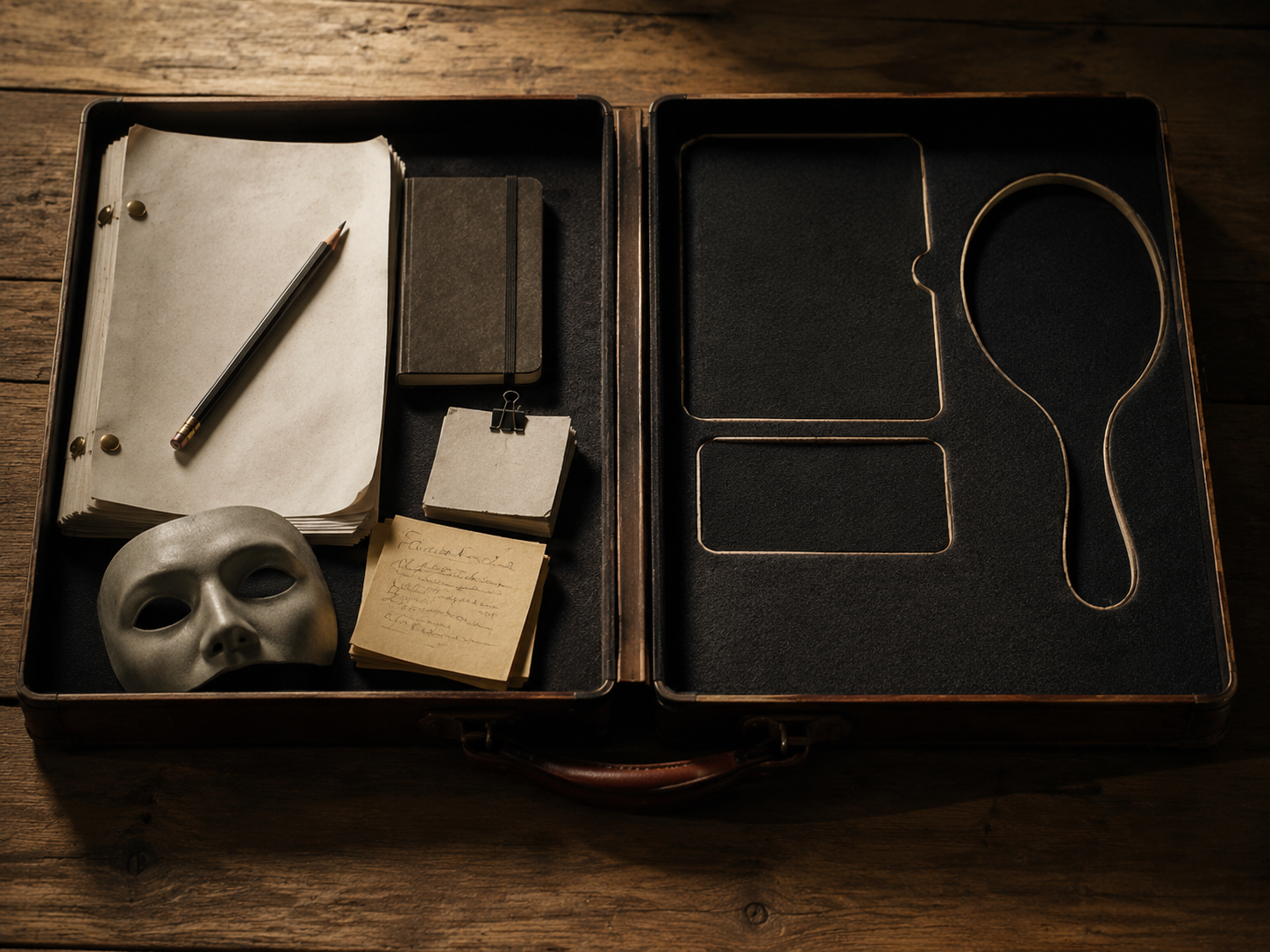 An actor's toolkit with scripts and character notes on one side and empty spaces representing missing audition, business, and feedback tools on the other