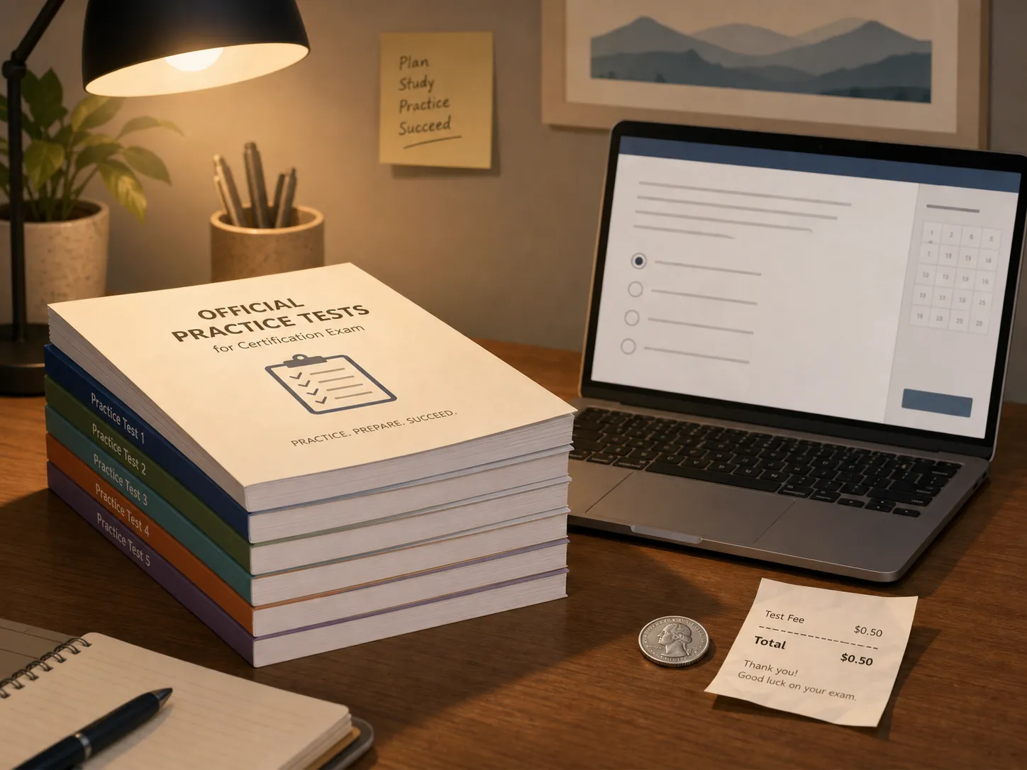Official exam practice booklets beside a laptop with a coin and small receipt on the desk