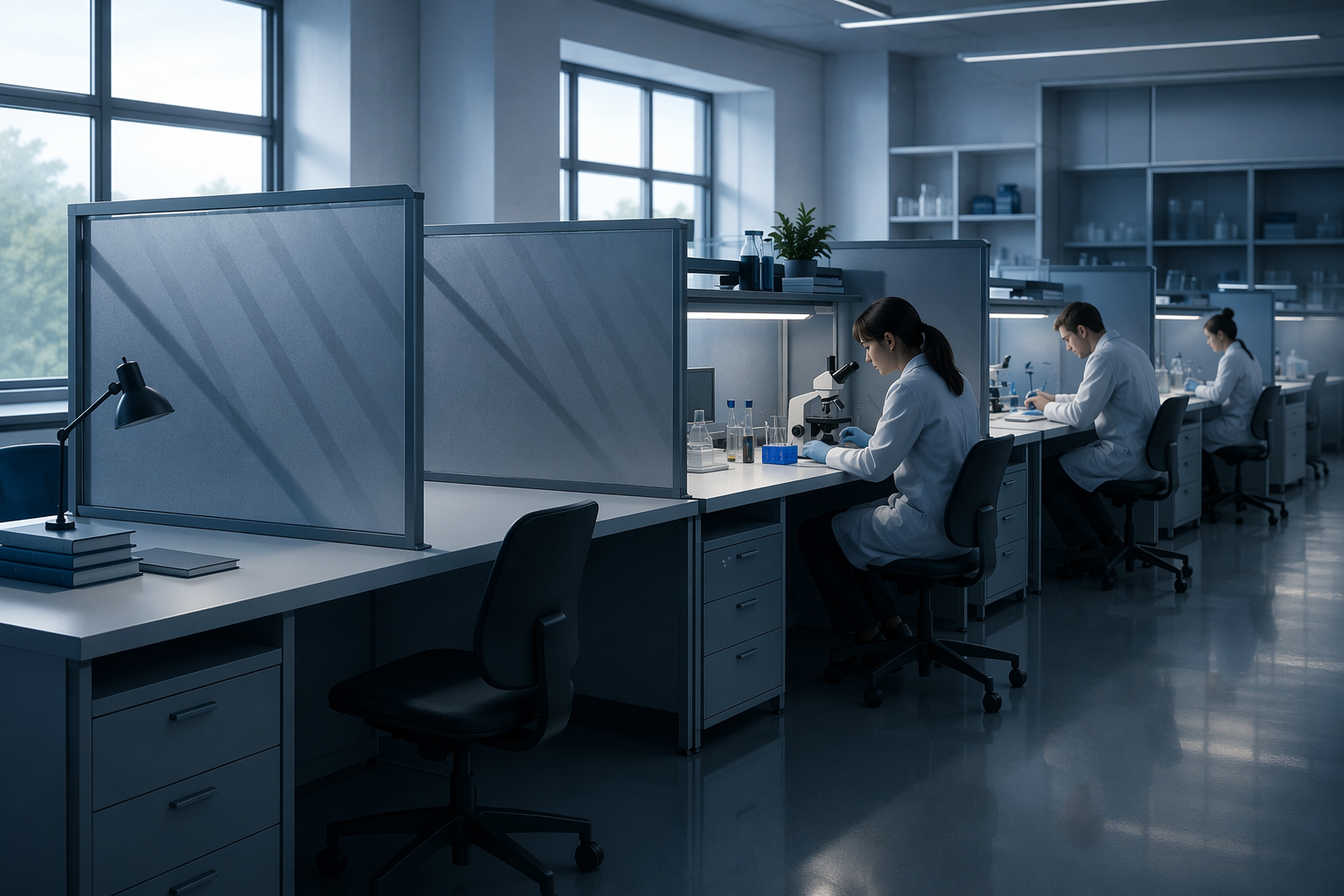 Empty and partially occupied graduate research desks representing fewer funded PhD positions after research grant cuts