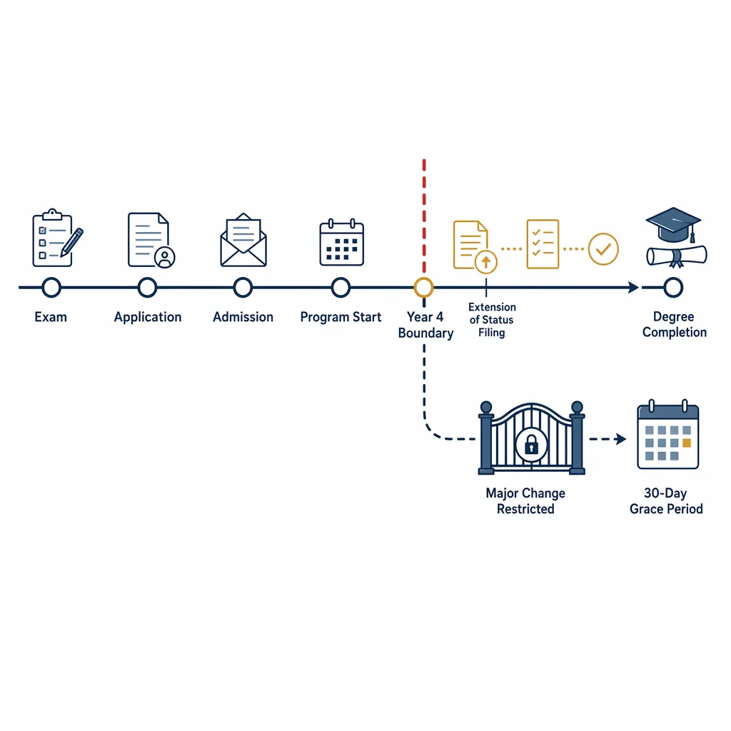 Decision pathway from exam and application to admission, program start, four-year boundary, extension filing, and degree completion