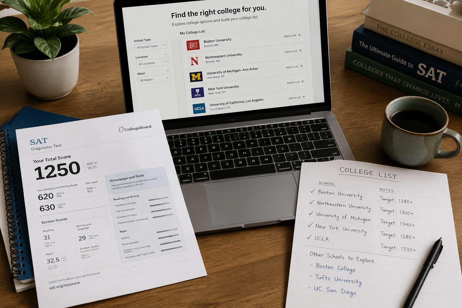 SAT diagnostic score sheet, laptop college list, and handwritten score notes on a wooden desk