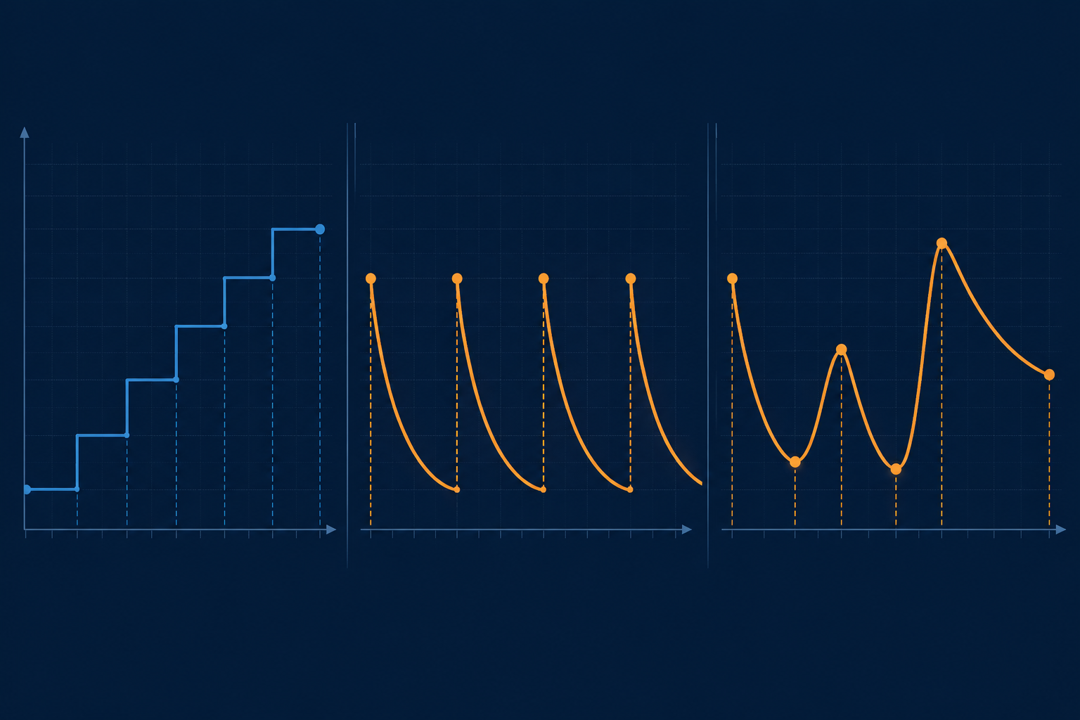 Three spaced repetition scheduling curve patterns comparing Leitner, SM-2, and FSRS