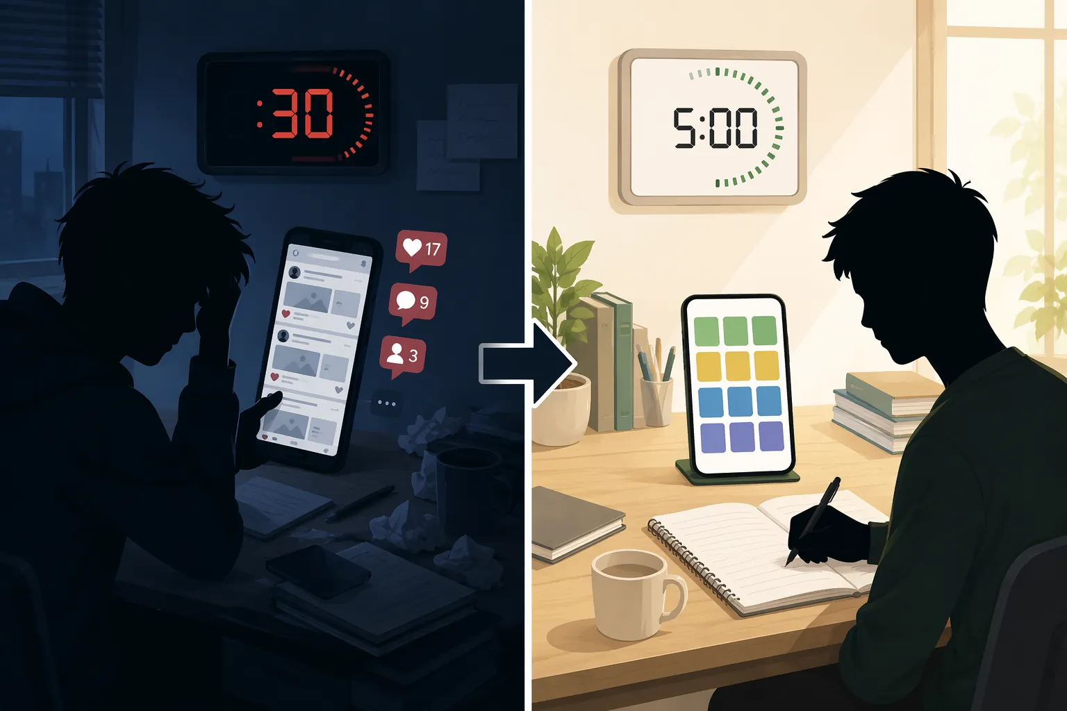 A split illustration contrasting an endless social-media phone break with a structured five-minute puzzle break