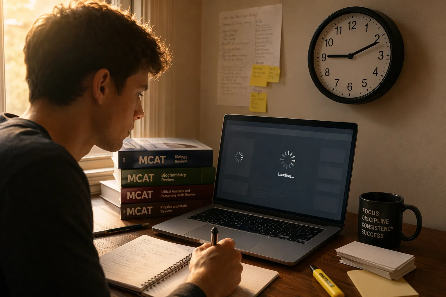 Student at a desk watching a frozen laptop during a morning exam prep block