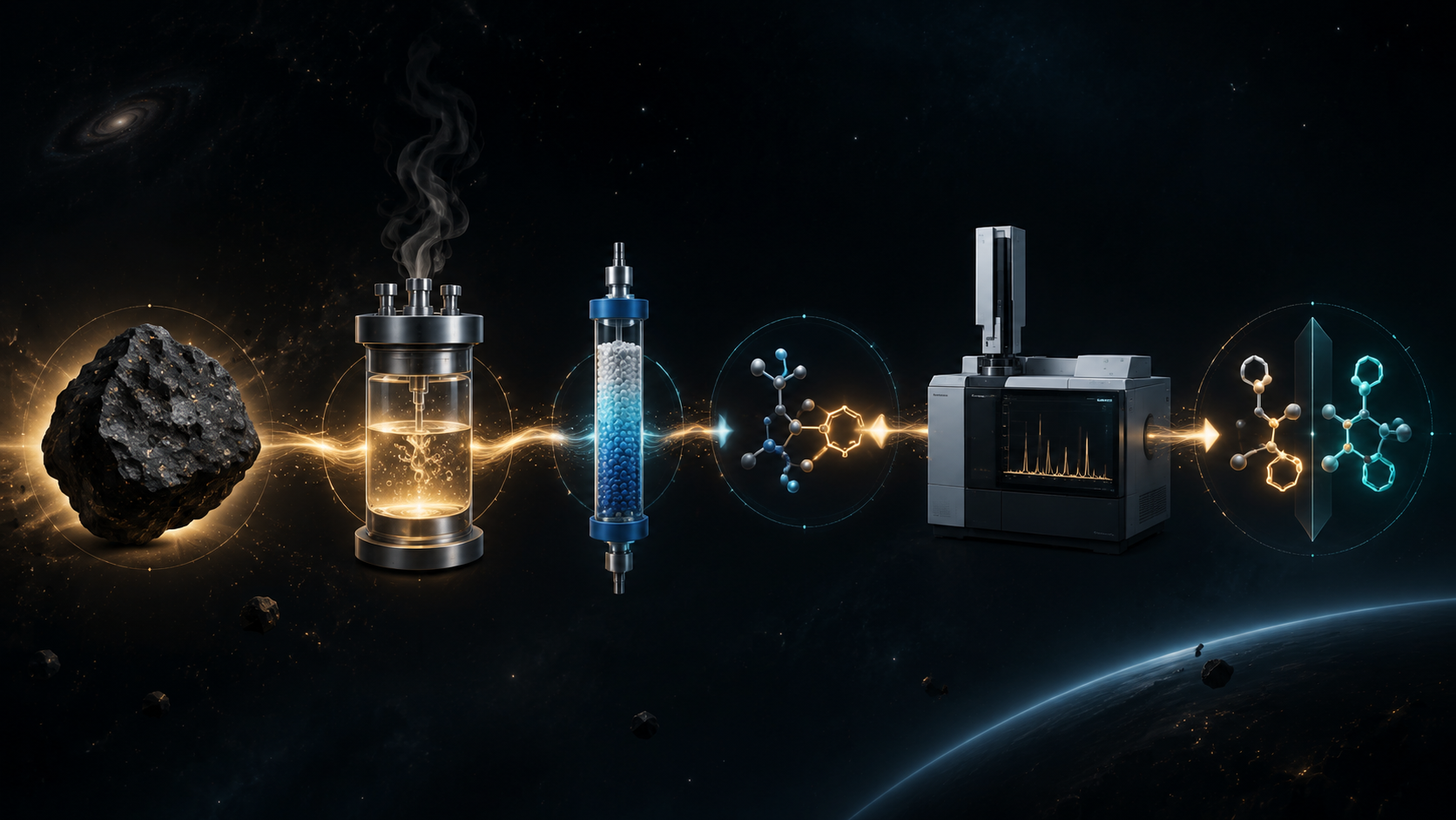 Illustrated workflow from meteorite fragment through hot-water extraction, cation-exchange cleanup, derivatization, mass spectrometry, and chiral analysis