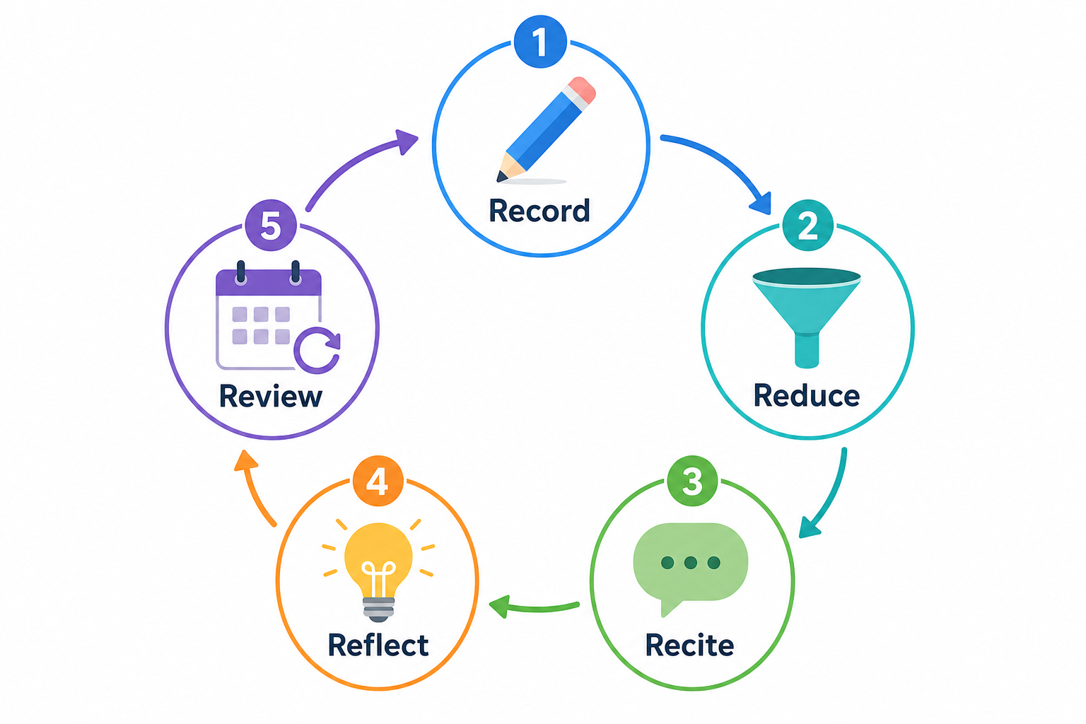 Diagram showing the five steps of the Cornell study loop: Record, Reduce, Recite, Reflect, and Review connected by directional arrows.
