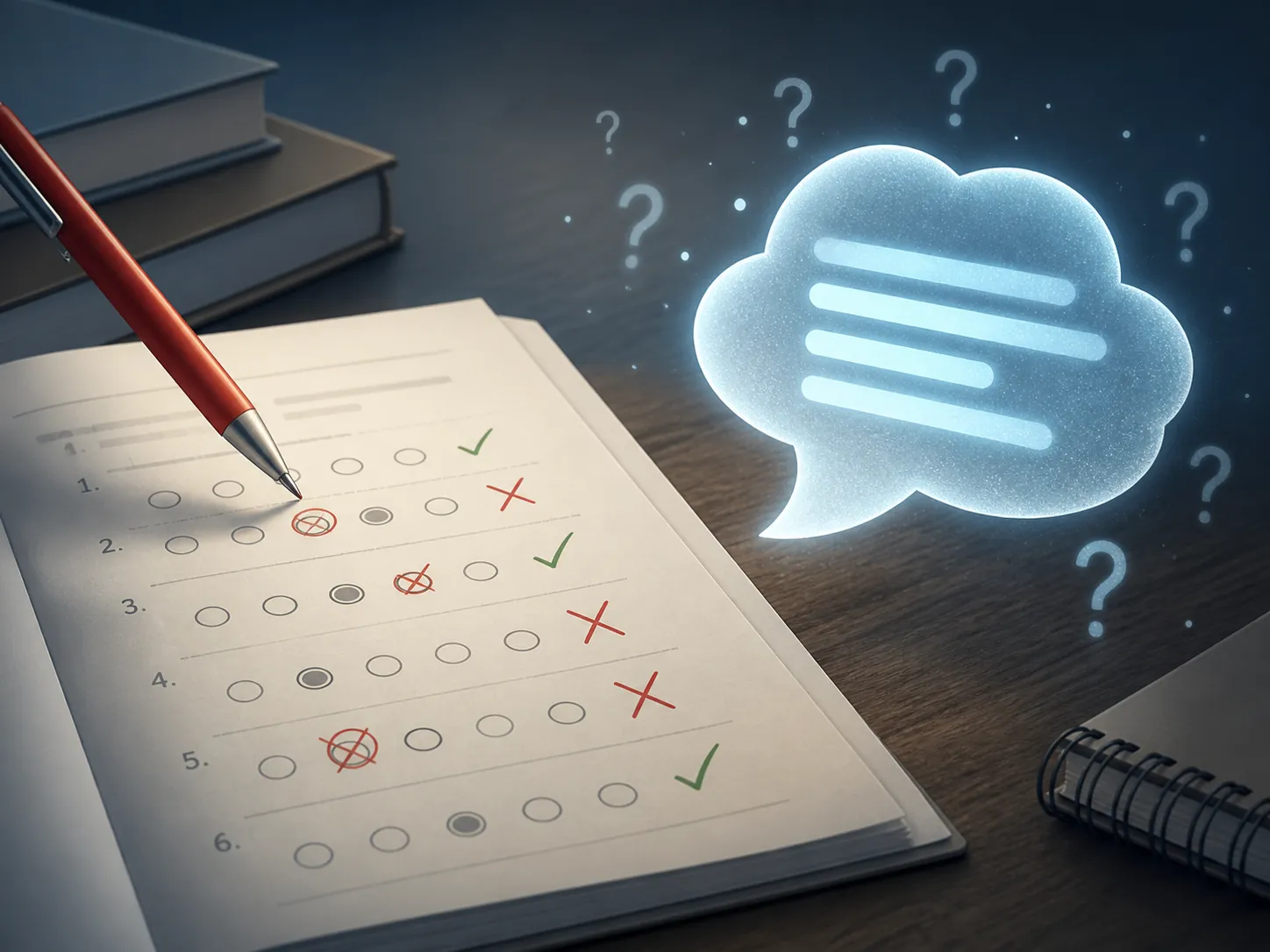 Quiz answer sheet with check marks and red crosses beside a speech cloud with question marks