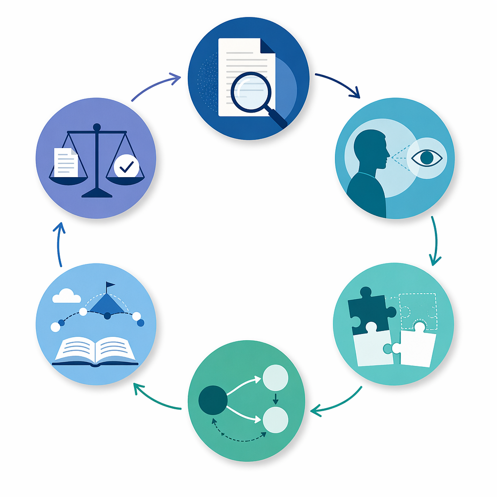 Six-step analytical workflow diagram