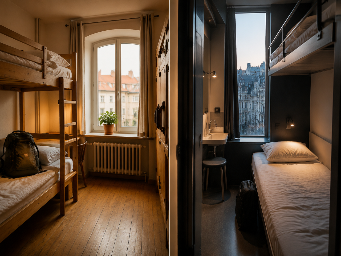 Side-by-side comparison of Eastern and Western European hostel dorm rooms
