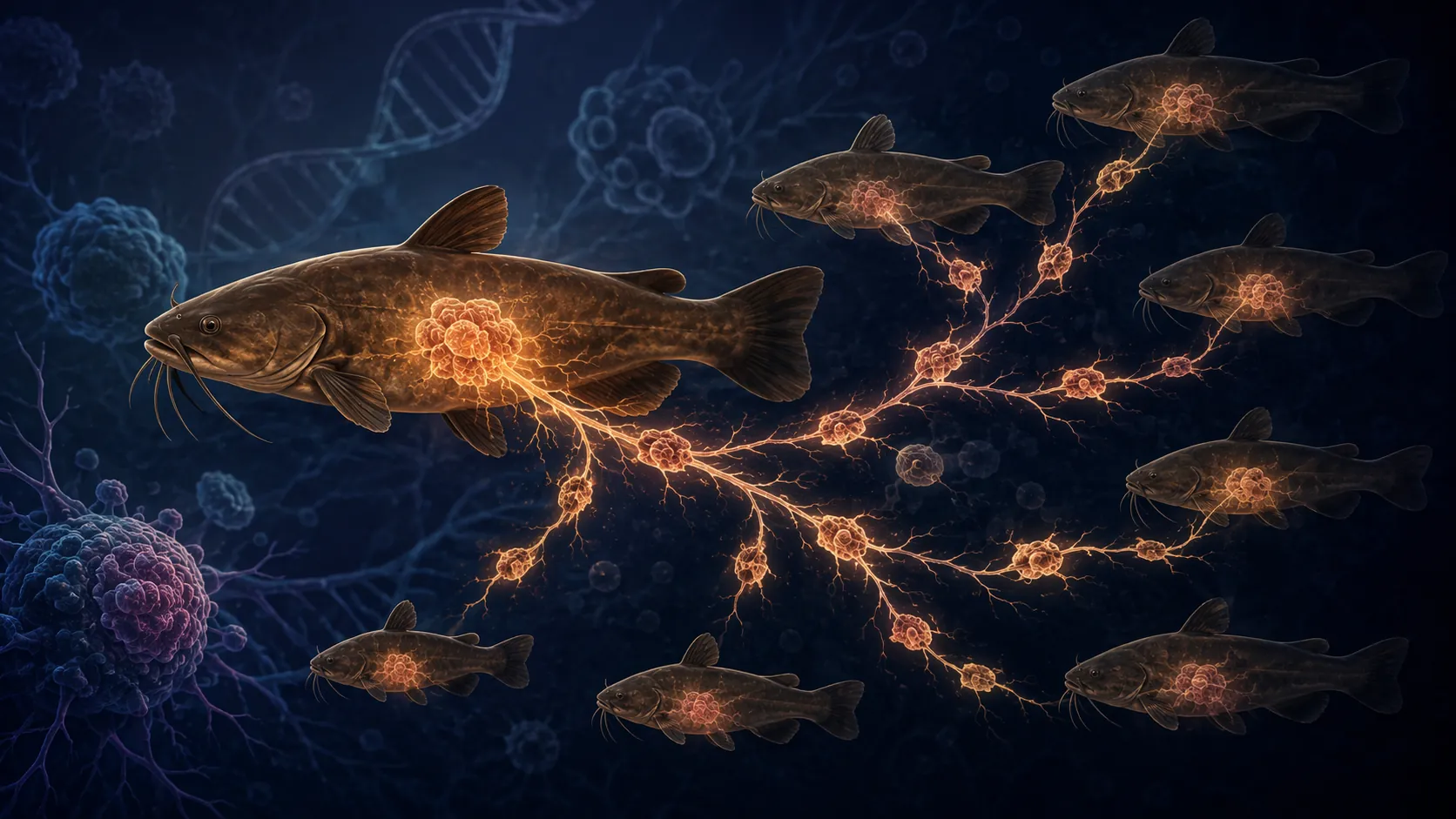 Brown bullhead catfish silhouettes connected by a branching lineage of tumor cells
