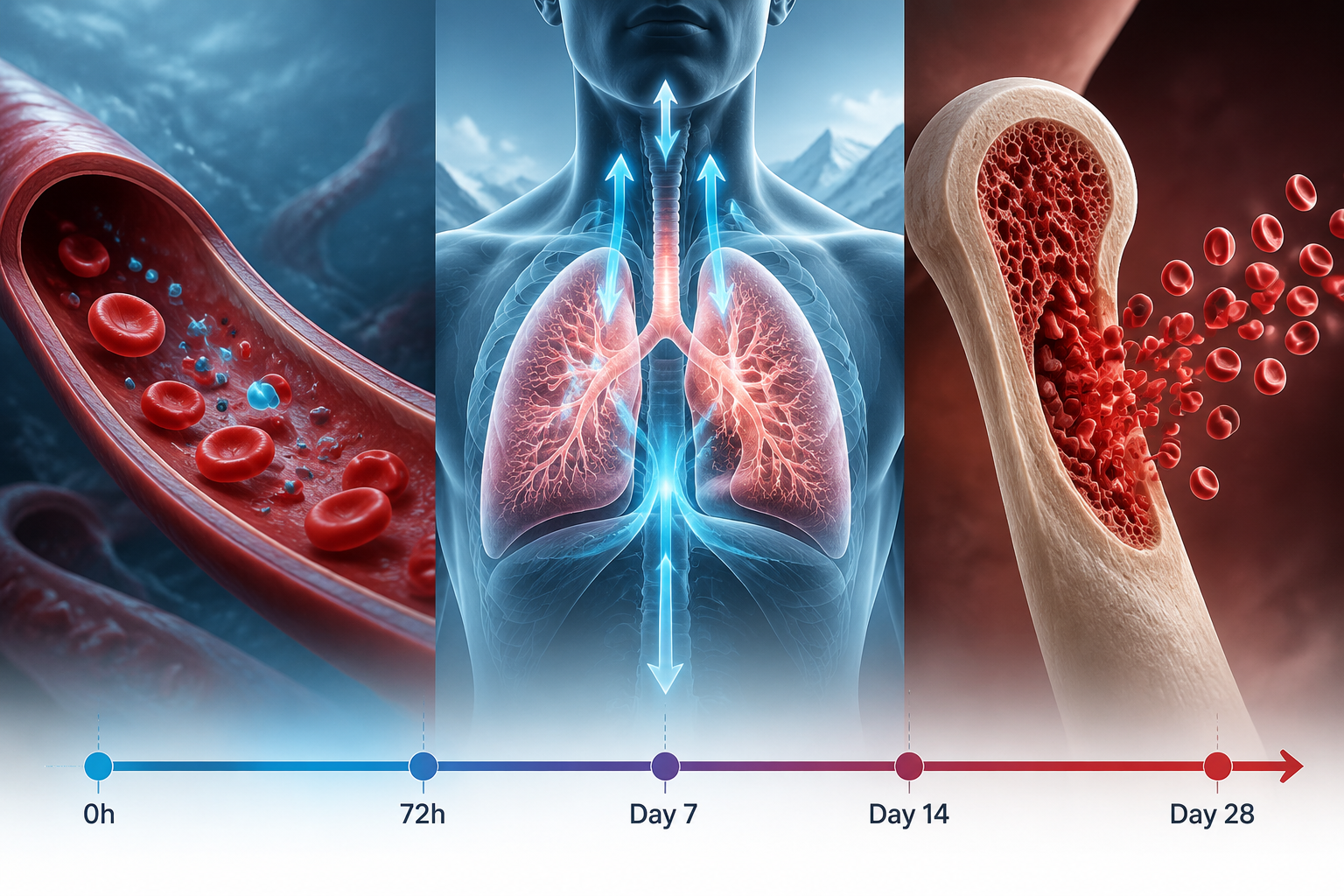 Timeline of altitude acclimatization from acute plasma volume loss to ventilation changes and red blood cell production
