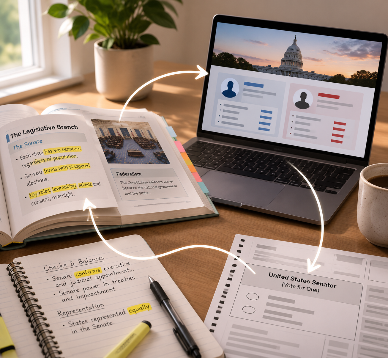 AP Government textbook, Senate candidate profile, and ballot connected as a research workflow