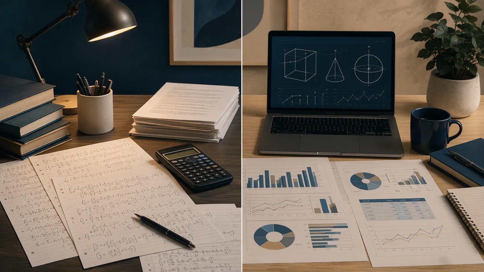 Study desk split between text-heavy math practice and chart-heavy exam materials