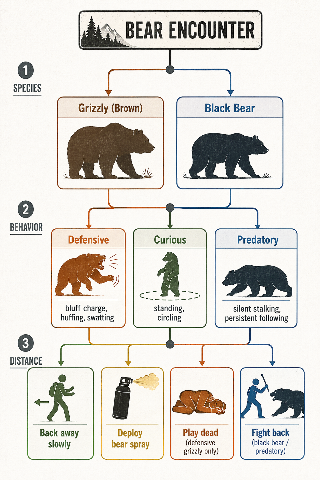 Decision tree diagram for bear encounter response by species, behavior, and distance