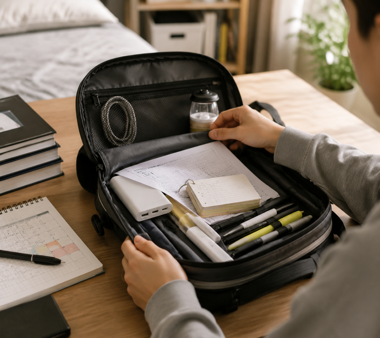 Student packing printed practice tests, flashcards, power bank, cables, lantern, pens, and a study schedule into a backpack