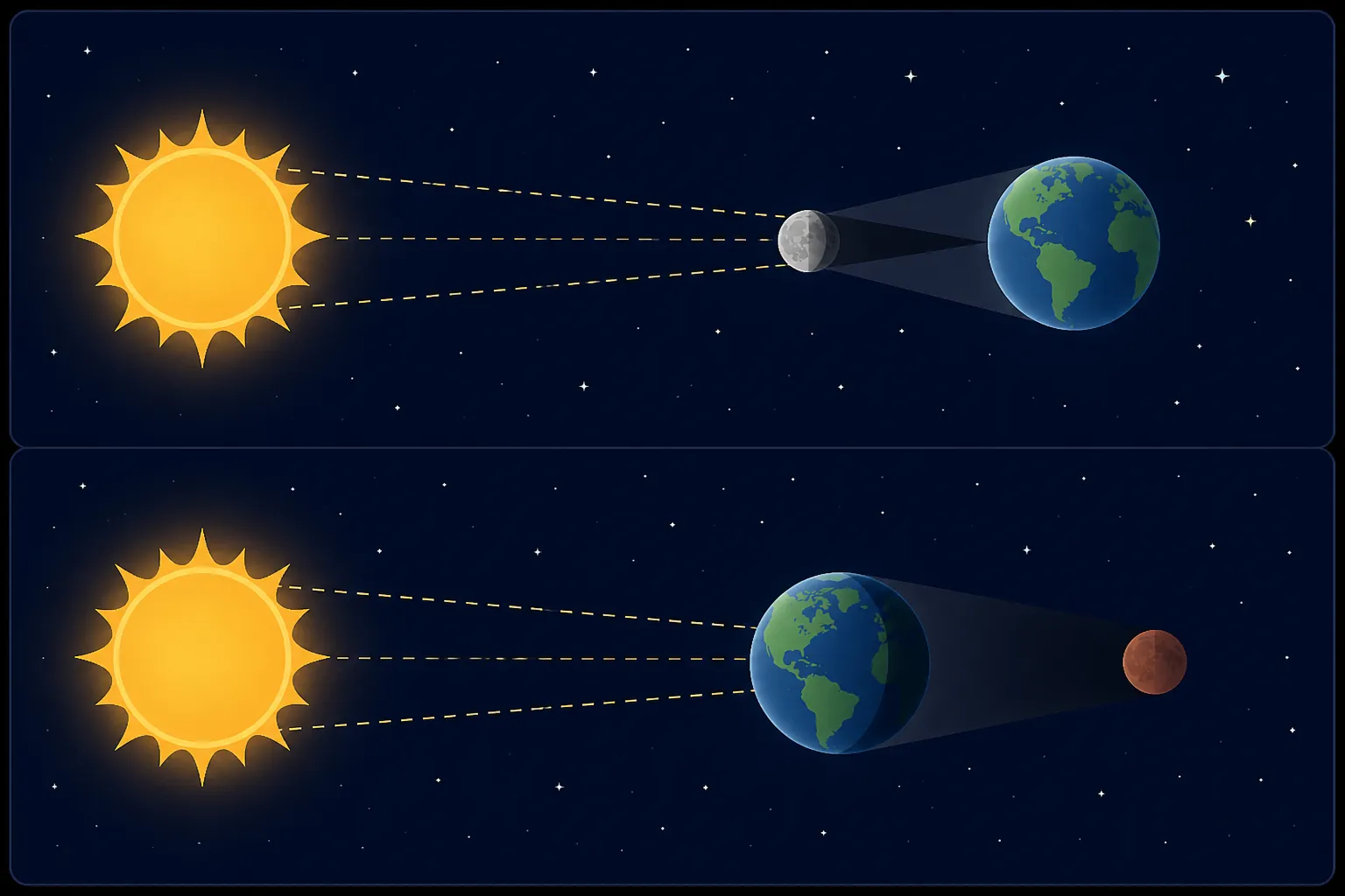 Two-panel diagram comparing solar and lunar eclipse alignments