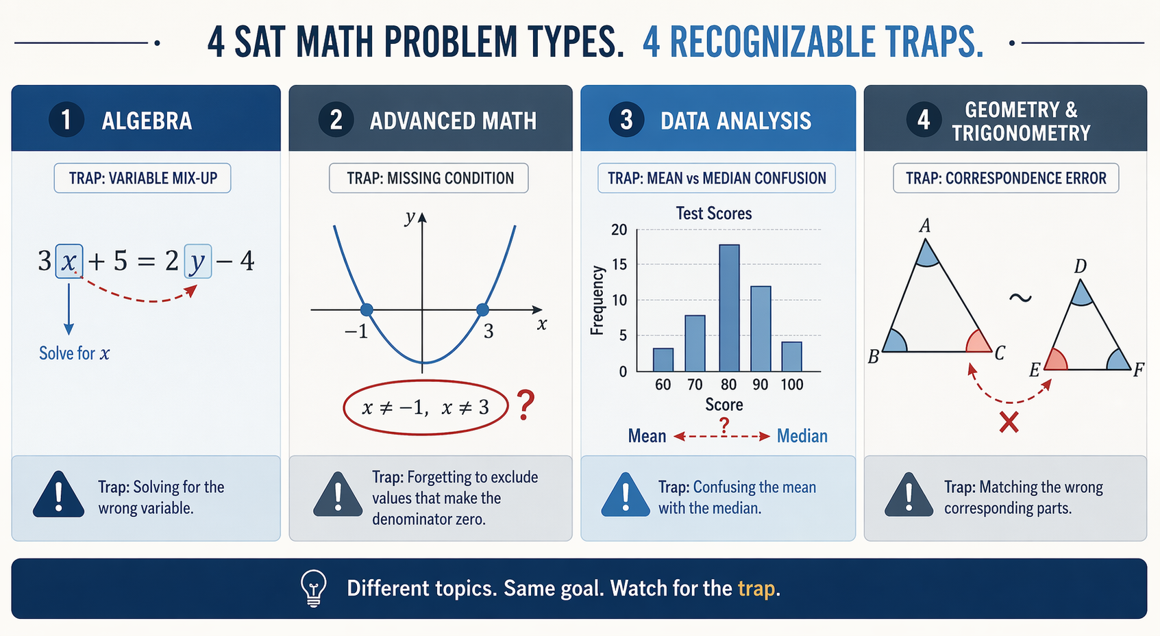Four SAT Math problem types with highlighted traps, including mismatched variables, missing solution conditions, confused statistics, and mismatched corresponding sides