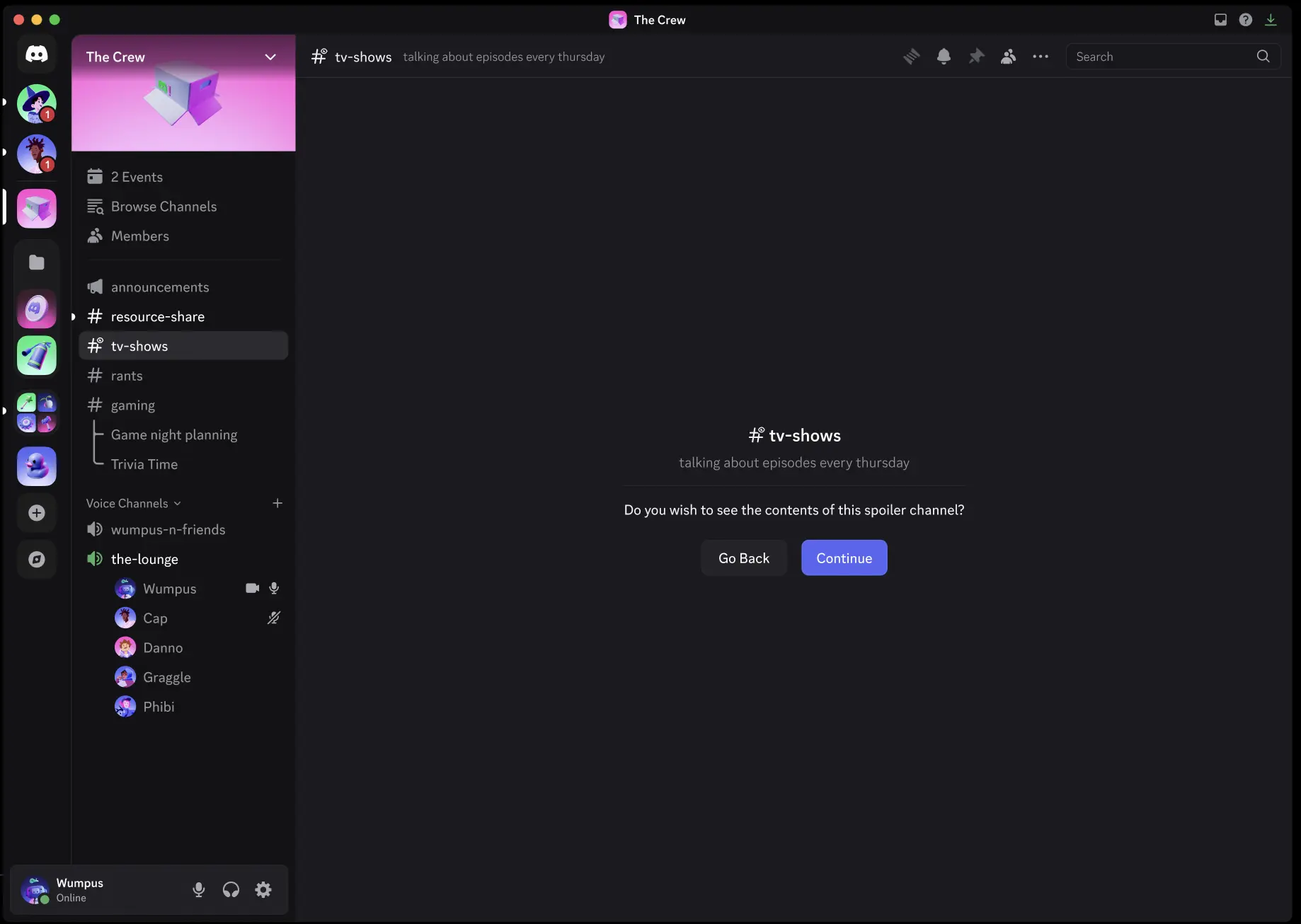 Discord spoiler channel opt-in notice showing the channel name, topic text, and View Channel button