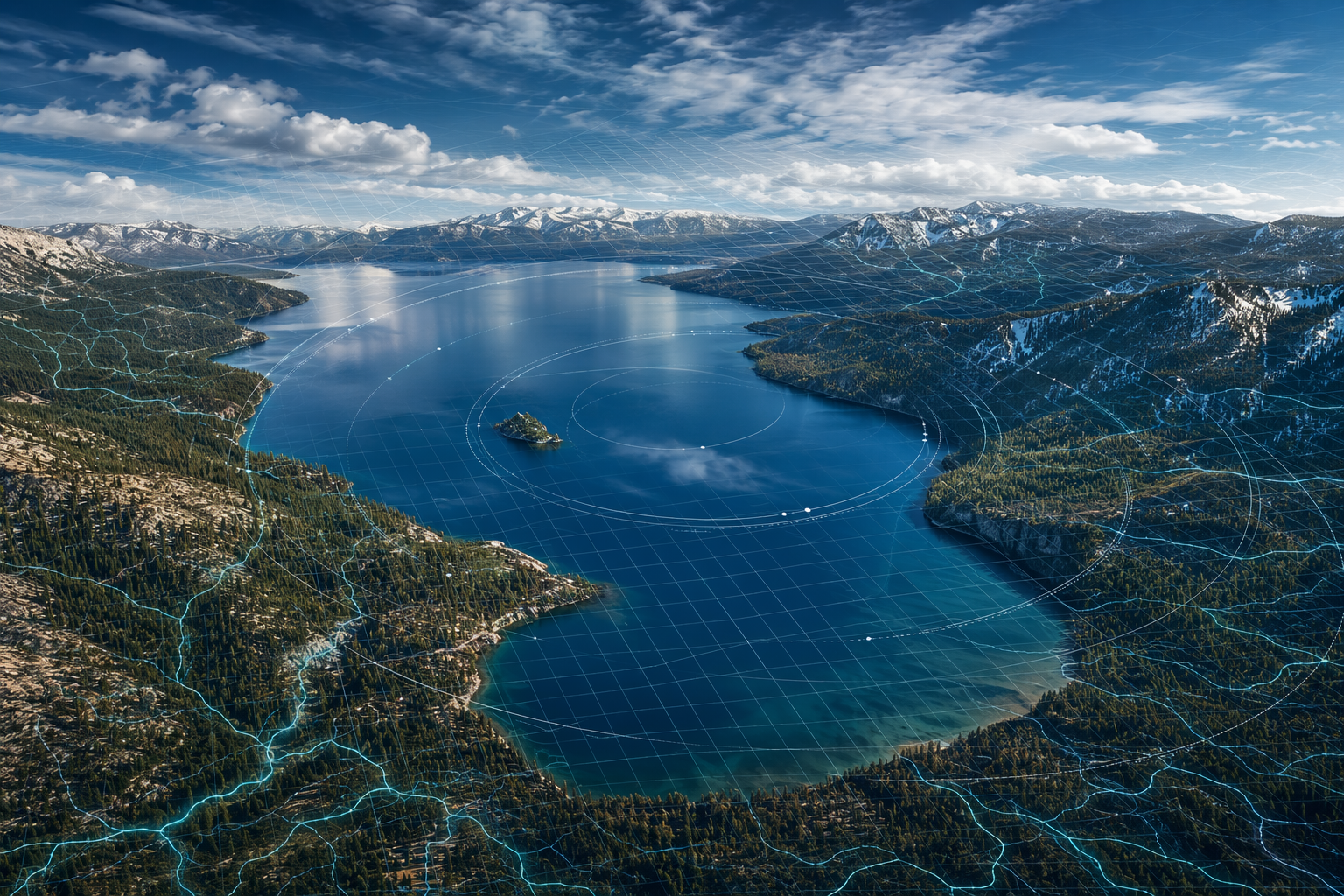 Aerial view of the Lake Tahoe Basin with grid overlays, stream lines, and data visualization rings