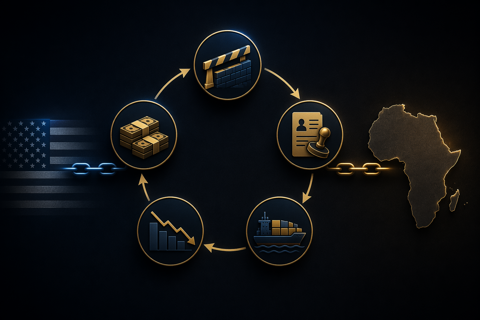 Symbolic icons for tariff barriers, visa sanctions, trade, aid cuts, and currency arranged in a pressure cycle.