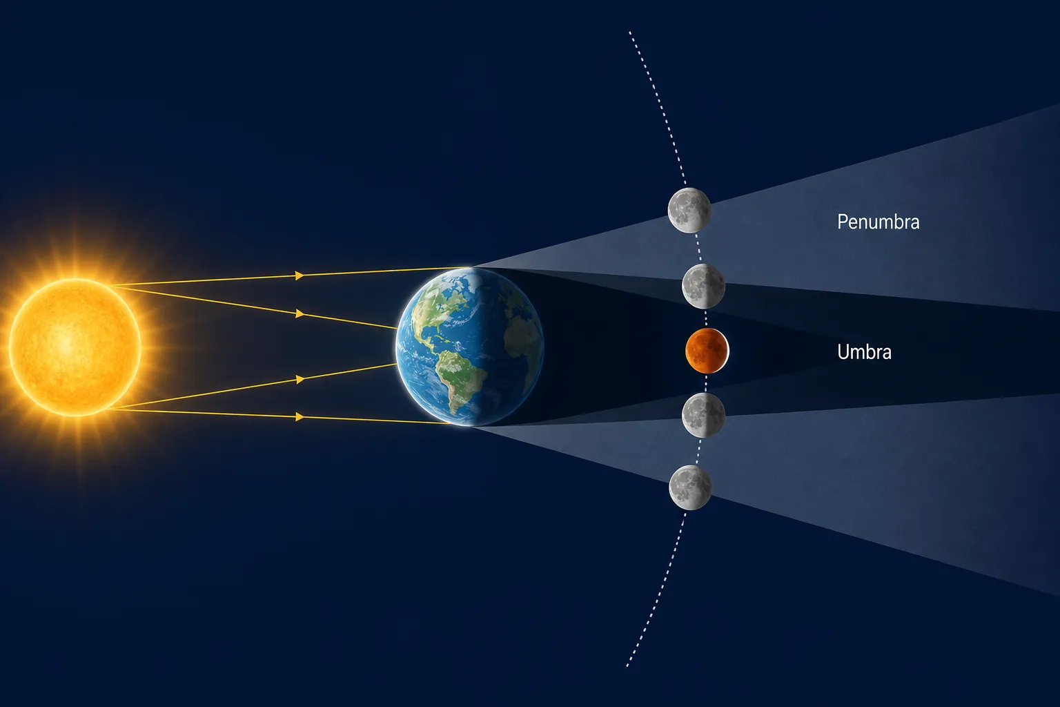 Diagram showing the Moon moving through Earth’s penumbra and dark umbra during a lunar eclipse