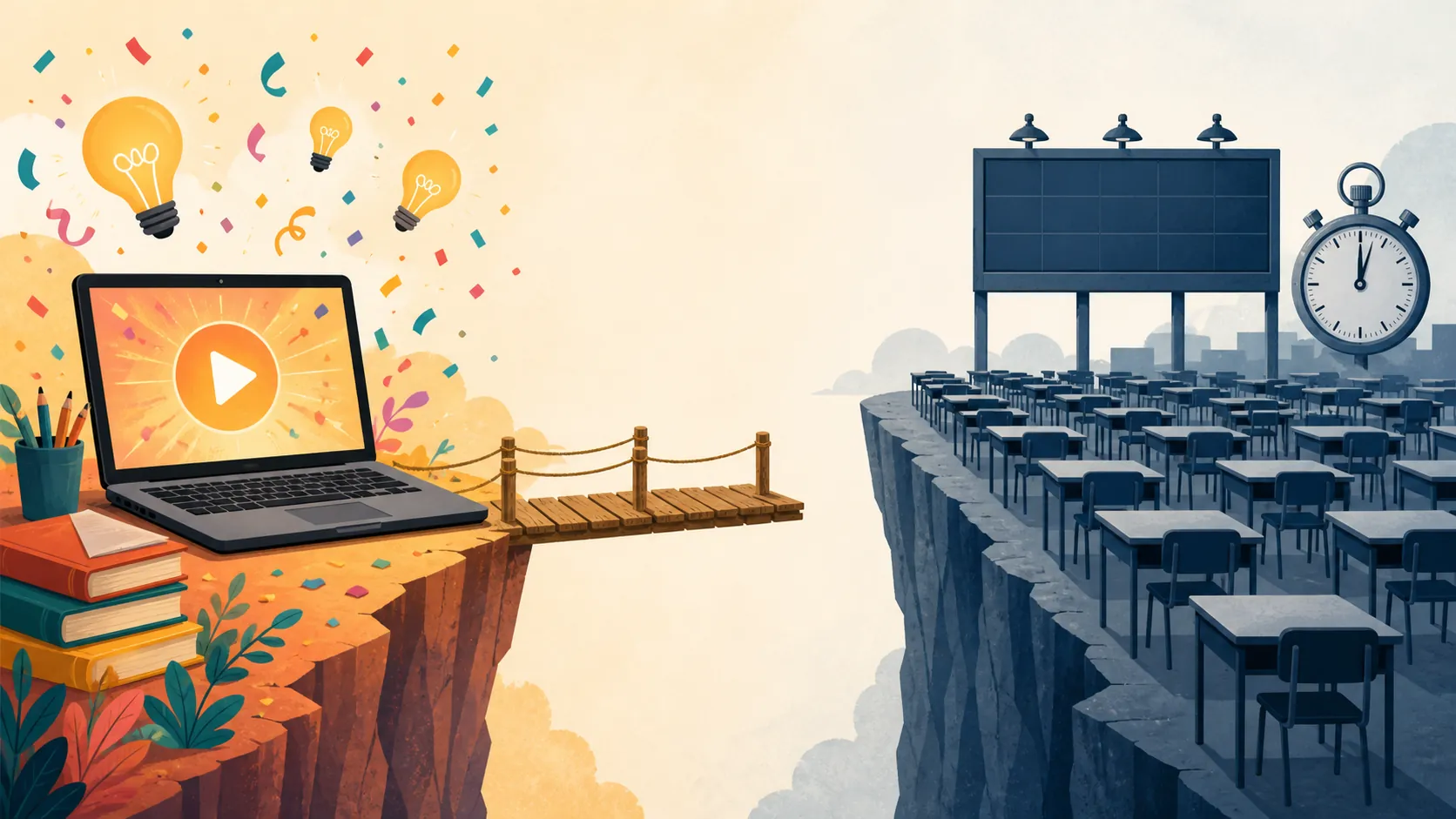 Split illustration of video learning on one side and an exam hall on the other, with an incomplete bridge between them