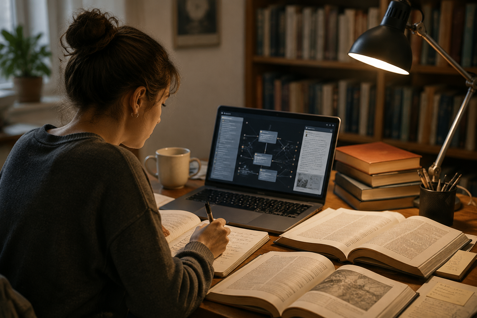 University student using a laptop research interface with connected source panels and citation lines beside open books