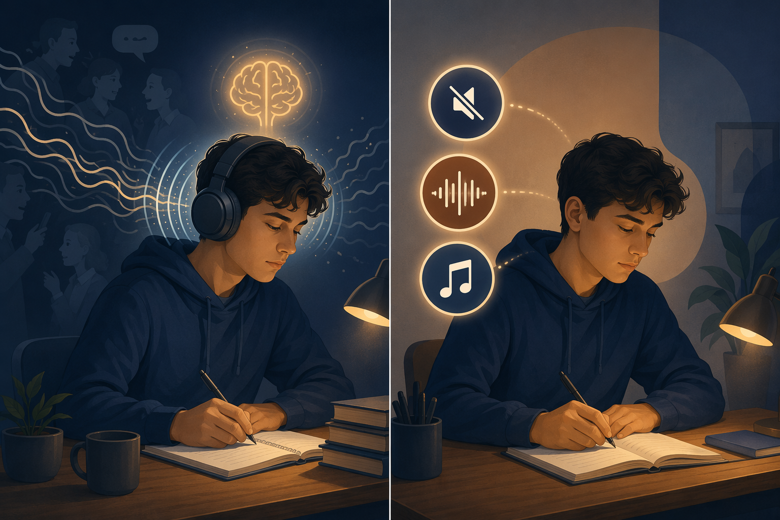 Illustration of headphones blocking background chatter and offering silence, brown noise, or study music options