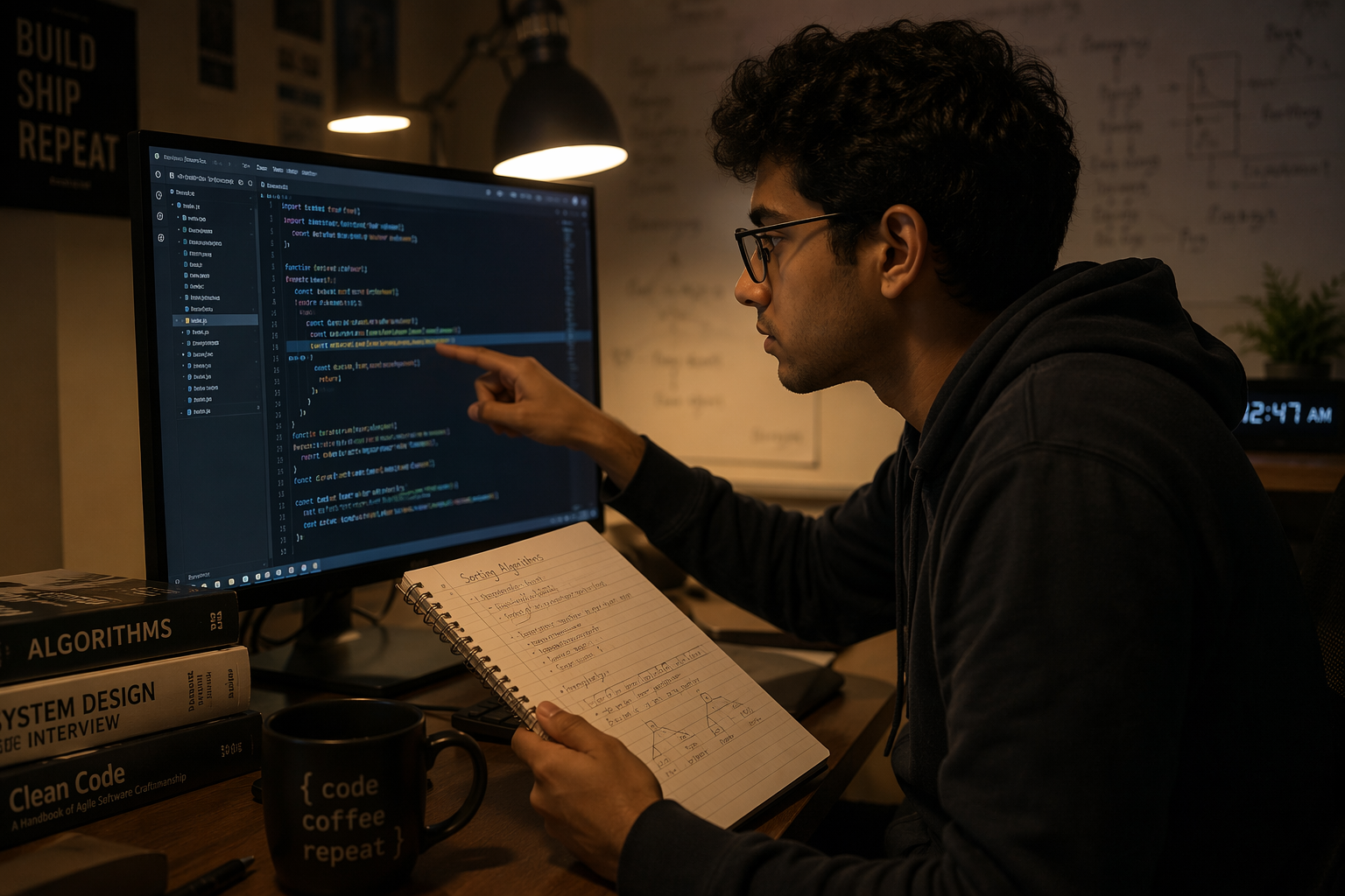 Student studying a highlighted line of code on a computer screen while taking notes