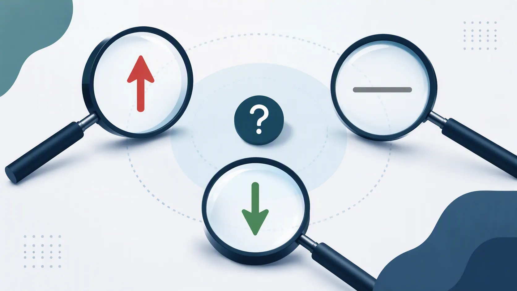 Magnifying lenses showing upward, flat, and downward study results for the same medical question